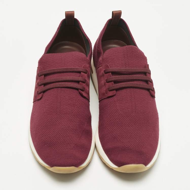 Pre Owned Loro Piana Burgundy Knit Fabric and Suede 360 LP Flexy Walk Slip On Sneakers Size 43
