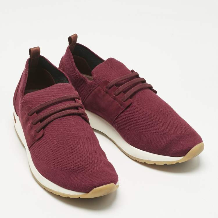 Pre Owned Loro Piana Burgundy Knit Fabric and Suede 360 LP Flexy Walk Slip On Sneakers Size 43
