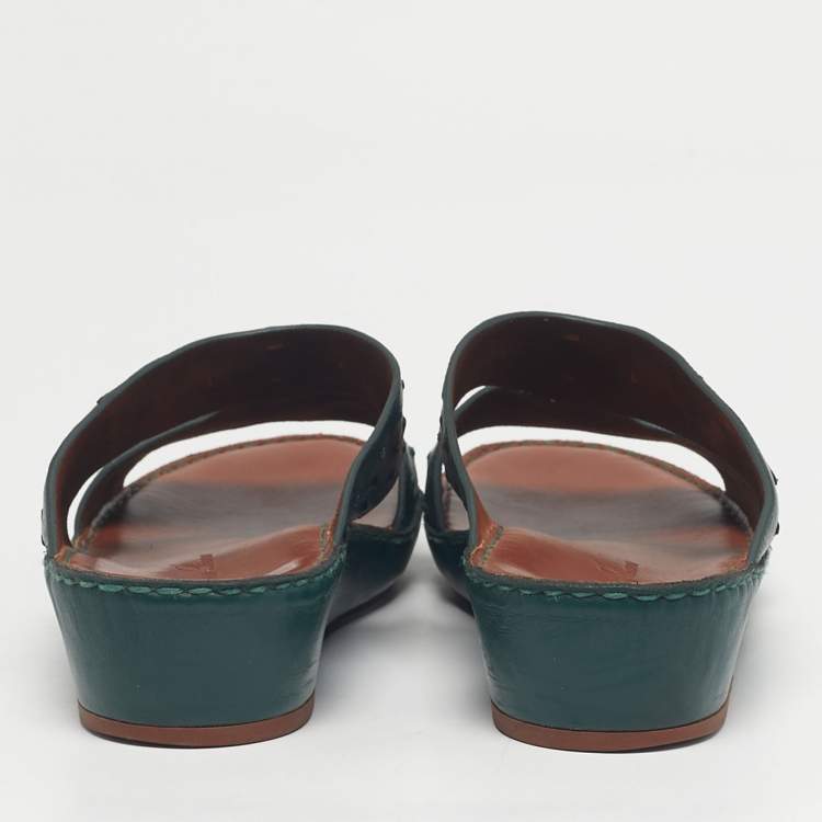Pre Owned Loro Piana Green Ostrich Leather Slip On Sandals Size 42