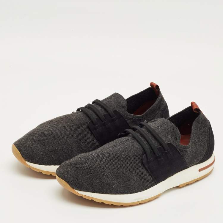 Pre Owned Loro Piana Grey Knit Fabric 360 LP Flexy Walk Lace Up Sneakers Size 44