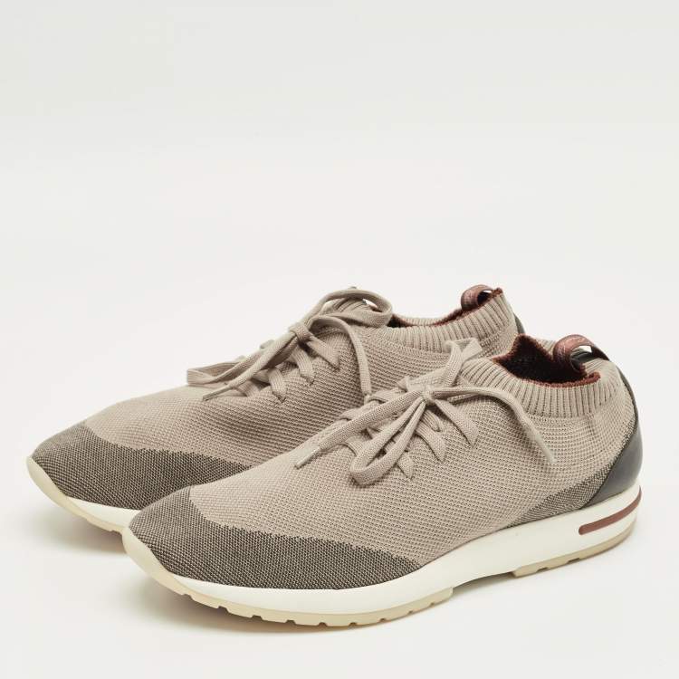 Pre Owned Loro Piana Brown/Grey Knit Fabric and Leather 360 LP Flexy Walk Sneakers Size 42