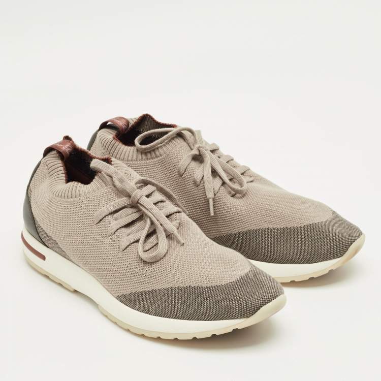 Pre Owned Loro Piana Brown/Grey Knit Fabric and Leather 360 LP Flexy Walk Sneakers Size 42