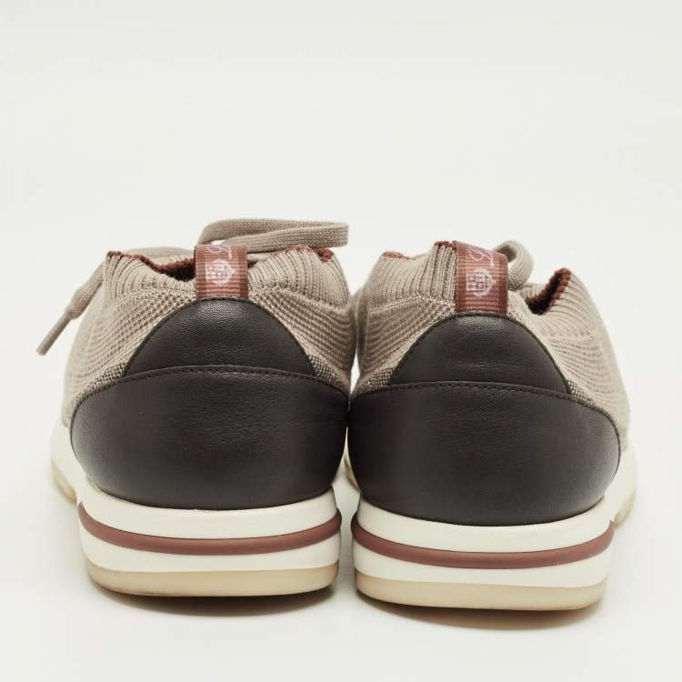 Pre Owned Loro Piana Brown/Grey Knit Fabric and Leather 360 LP Flexy Walk Sneakers Size 42