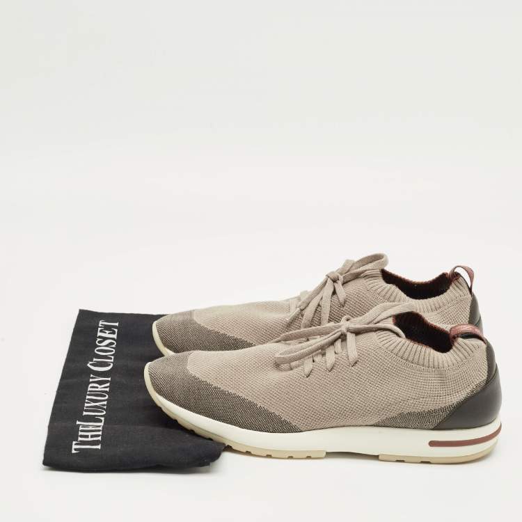 Pre Owned Loro Piana Brown/Grey Knit Fabric and Leather 360 LP Flexy Walk Sneakers Size 42