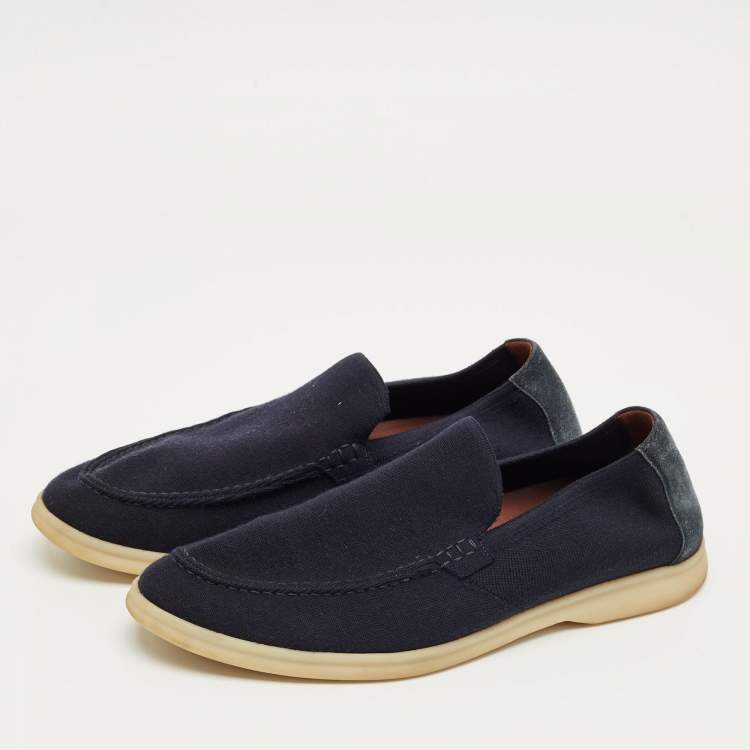Pre Owned Loro Piana Navy Blue Knit Fabric and Suede Summer Walk Slip On Loafers Size 42