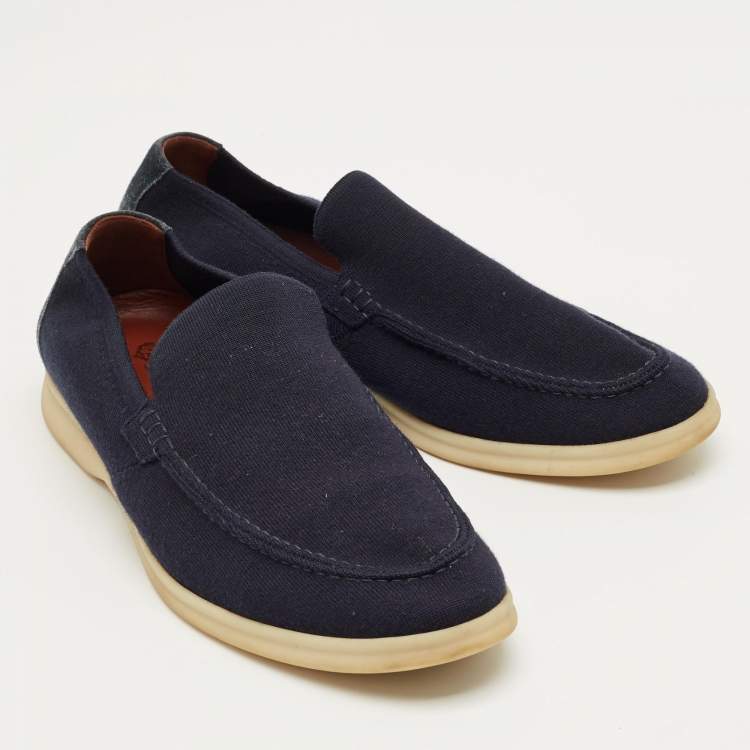 Pre Owned Loro Piana Navy Blue Knit Fabric and Suede Summer Walk Slip On Loafers Size 42