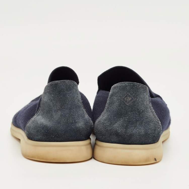 Pre Owned Loro Piana Navy Blue Knit Fabric and Suede Summer Walk Slip On Loafers Size 42