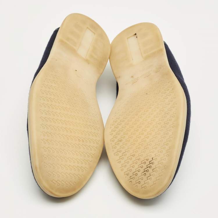 Pre Owned Loro Piana Navy Blue Knit Fabric and Suede Summer Walk Slip On Loafers Size 42