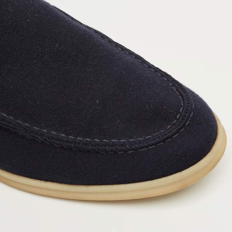 Pre Owned Loro Piana Navy Blue Knit Fabric and Suede Summer Walk Slip On Loafers Size 42