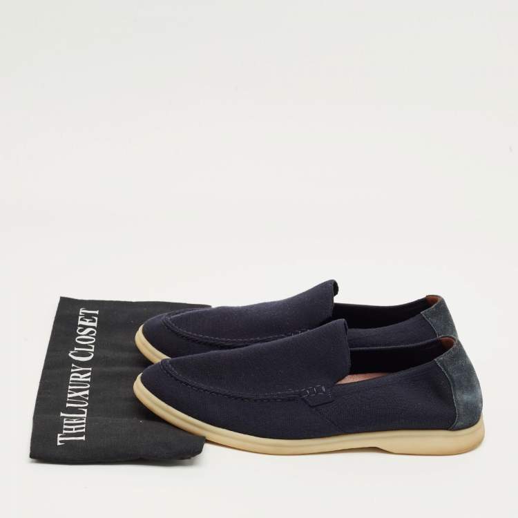Pre Owned Loro Piana Navy Blue Knit Fabric and Suede Summer Walk Slip On Loafers Size 42