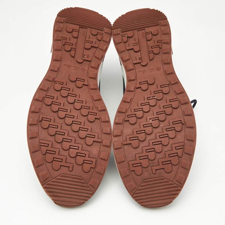 Pre Owned Loro Piana Navy Blue Knit Fabric and Leather Week End Walk Lace Up Sneakers Size 42