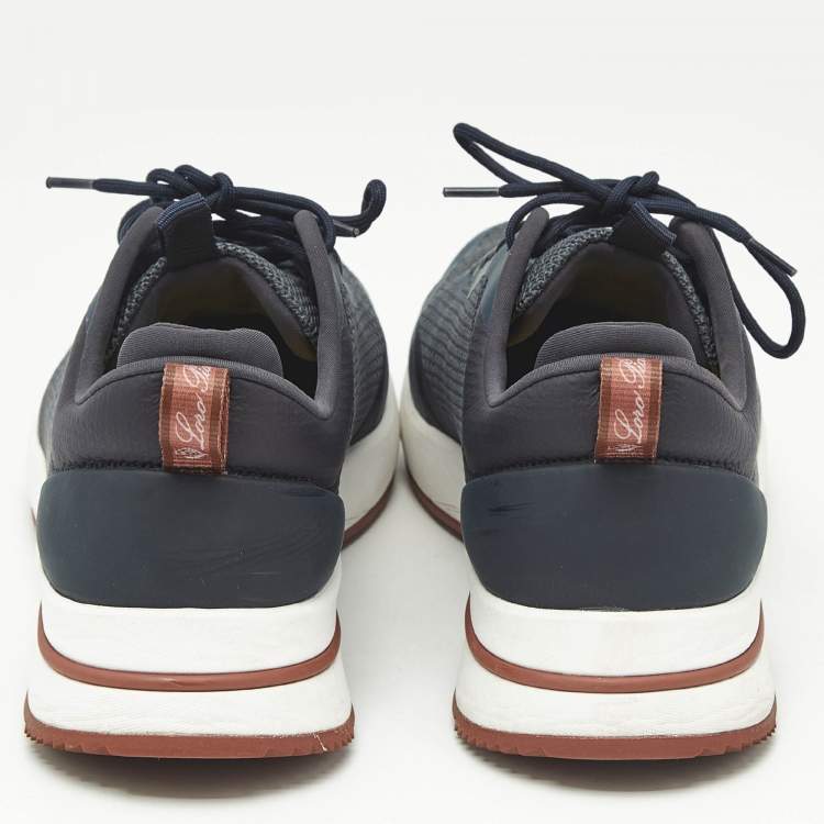 Pre Owned Loro Piana Navy Blue Knit Fabric and Leather Week End Walk Lace Up Sneakers Size 42