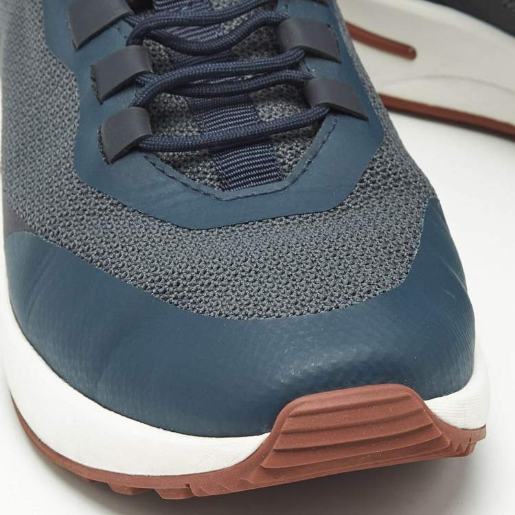 Pre Owned Loro Piana Navy Blue Knit Fabric and Leather Week End Walk Lace Up Sneakers Size 42