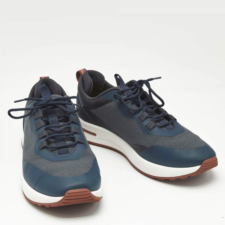 Pre Owned Loro Piana Navy Blue Knit Fabric and Leather Week End Walk Lace Up Sneakers Size 42