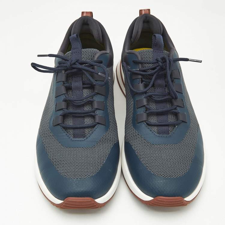 Pre Owned Loro Piana Navy Blue Knit Fabric and Leather Week End Walk Lace Up Sneakers Size 42