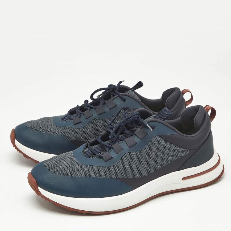 Pre Owned Loro Piana Navy Blue Knit Fabric and Leather Week End Walk Lace Up Sneakers Size 42