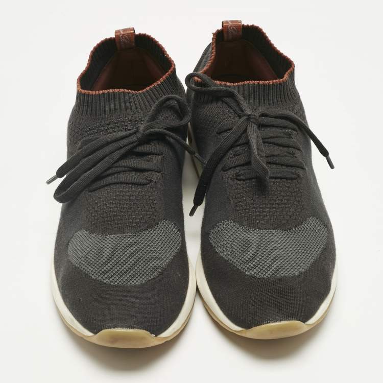 Pre Owned Loro Piana Grey Knit Fabric and Leather 360 Flexy Walker Slip On Sneakers Size 42