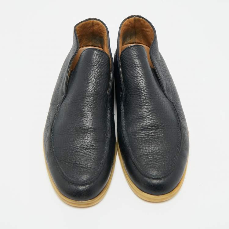 Pre Owned Loro Piana Navy Blue Leather Open Walk Ankle Boots Size 42