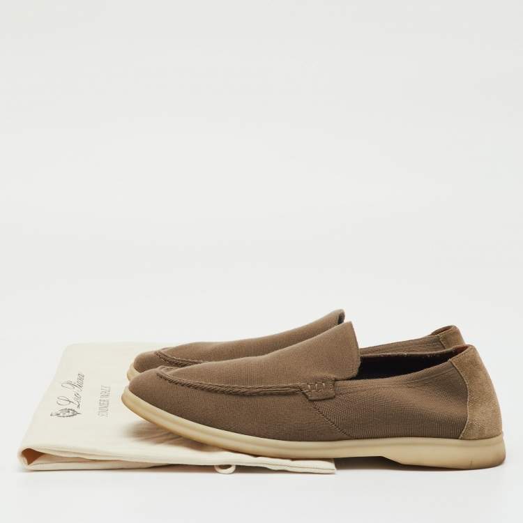 Pre Owned Loro Piana Khaki Brown Knit Fabric and Suede Open Walk Slip On Loafers Size 42