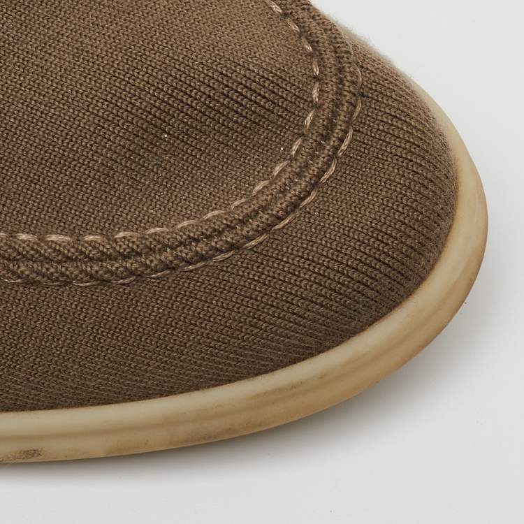 Pre Owned Loro Piana Khaki Brown Knit Fabric and Suede Open Walk Slip On Loafers Size 42