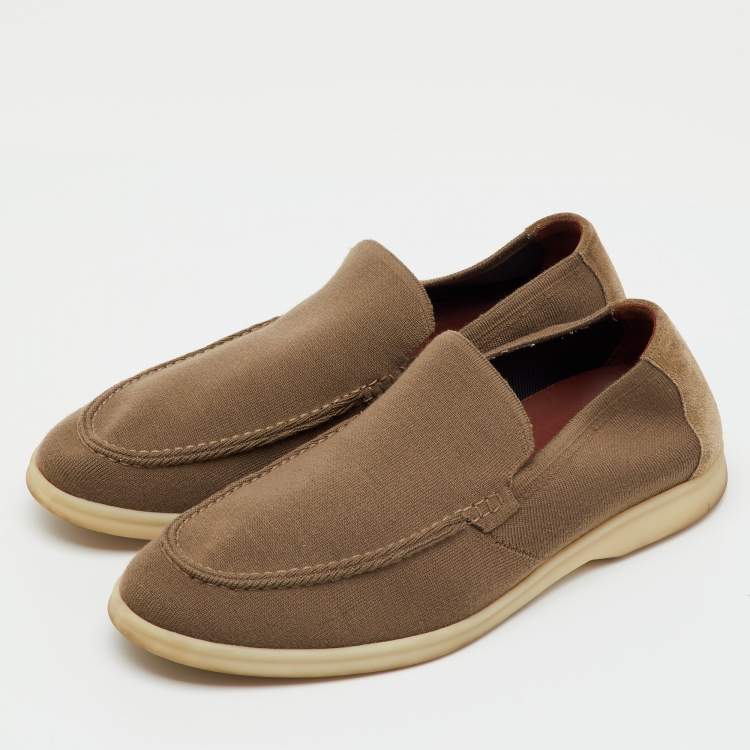 Pre Owned Loro Piana Khaki Brown Knit Fabric and Suede Open Walk Slip On Loafers Size 42