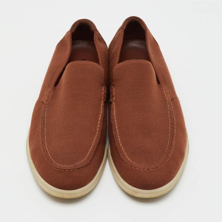 Pre Owned Loro Piana Rust Brown Knit Fabric and Suede Open Walk Slip On Loafers Size 41