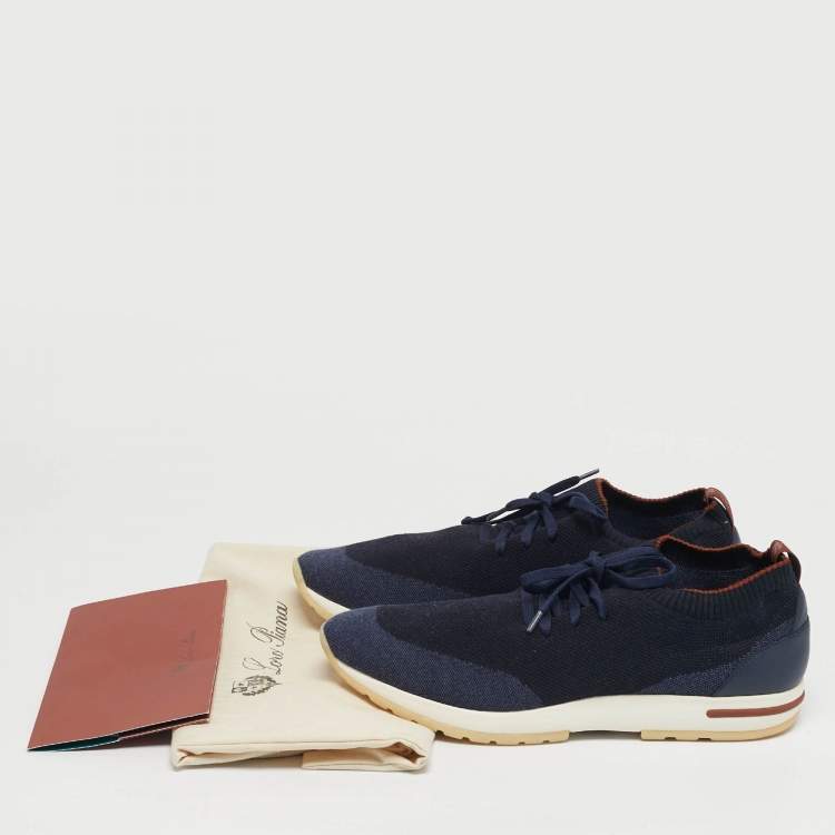 Pre Owned Loro Piana 360 LP Flexy Walk Size 44 Navy Blue Knit Fabric and Leather Lace Up Sneakers