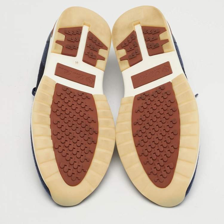 Pre Owned Loro Piana 360 LP Flexy Walk Size 44 Navy Blue Knit Fabric and Leather Lace Up Sneakers