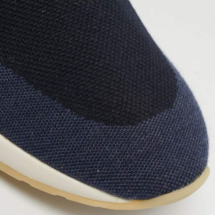Pre Owned Loro Piana 360 LP Flexy Walk Size 44 Navy Blue Knit Fabric and Leather Lace Up Sneakers