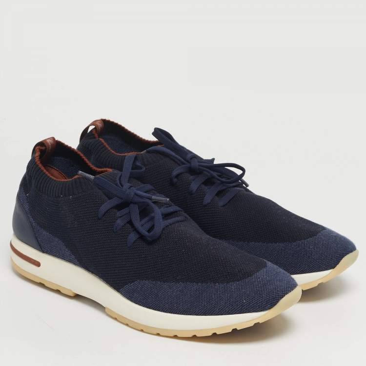 Pre Owned Loro Piana 360 LP Flexy Walk Size 44 Navy Blue Knit Fabric and Leather Lace Up Sneakers