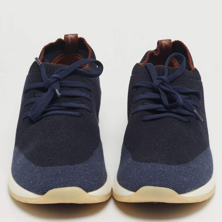 Pre Owned Loro Piana 360 LP Flexy Walk Size 44 Navy Blue Knit Fabric and Leather Lace Up Sneakers