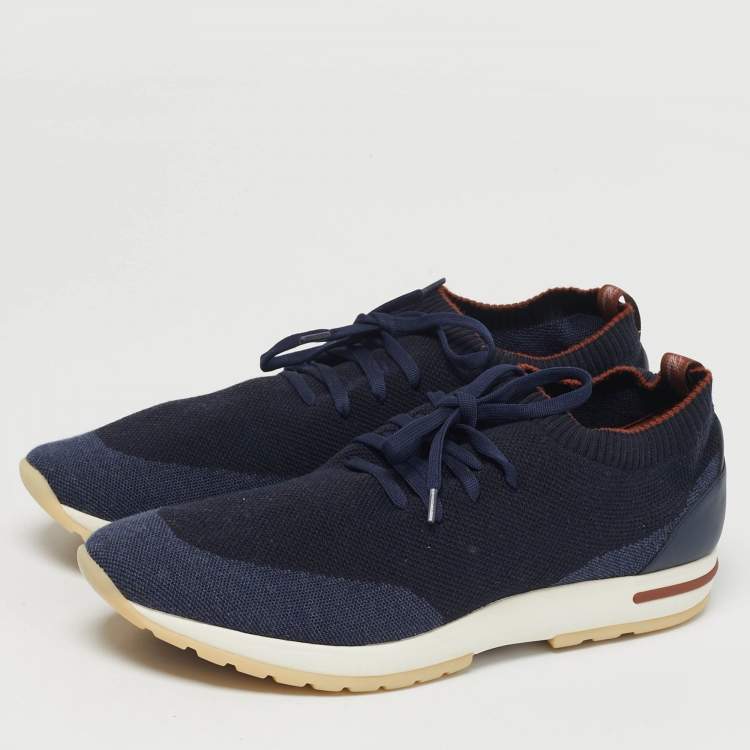 Pre Owned Loro Piana 360 LP Flexy Walk Size 44 Navy Blue Knit Fabric and Leather Lace Up Sneakers