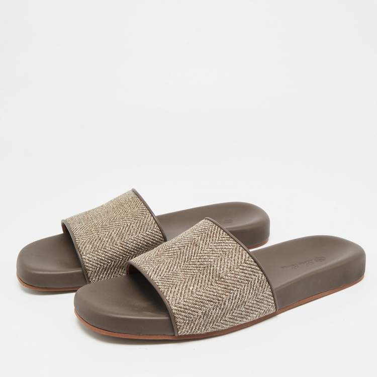 Pre Owned Loro Piana Size 42 Brown Fabric and Leather Flat Slide Sandals