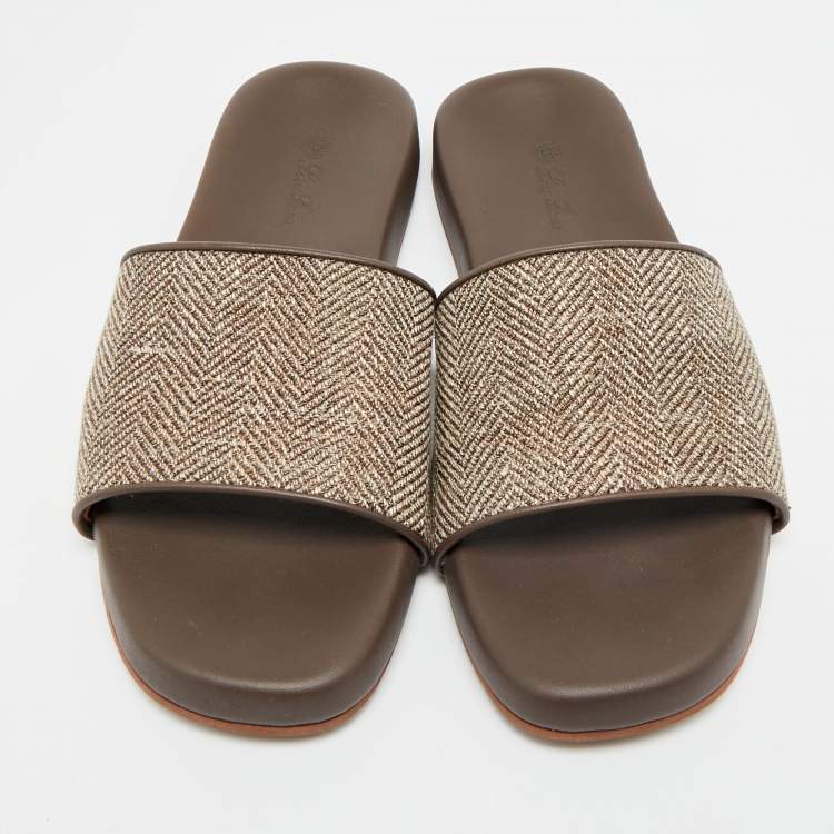 Pre Owned Loro Piana Size 42 Brown Fabric and Leather Flat Slide Sandals