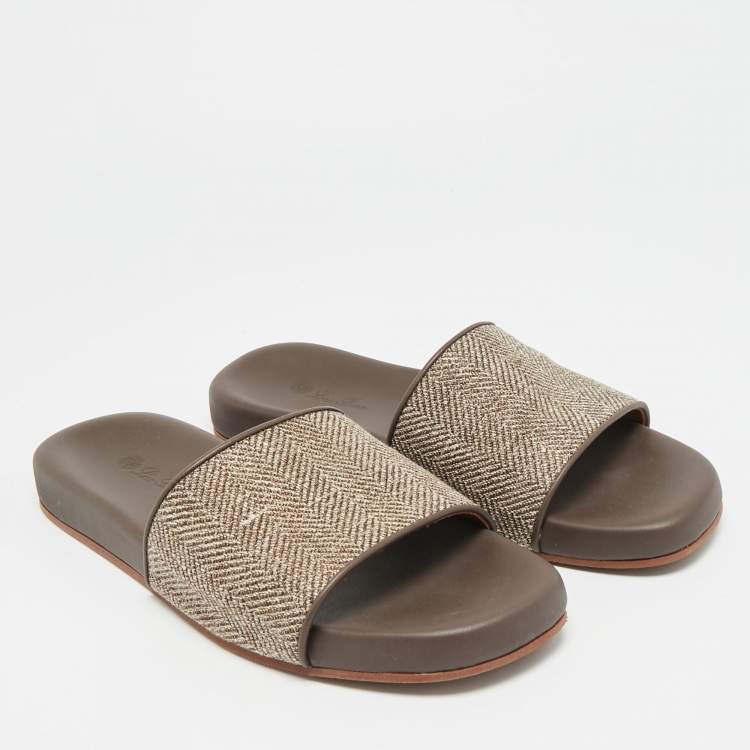 Pre Owned Loro Piana Size 42 Brown Fabric and Leather Flat Slide Sandals