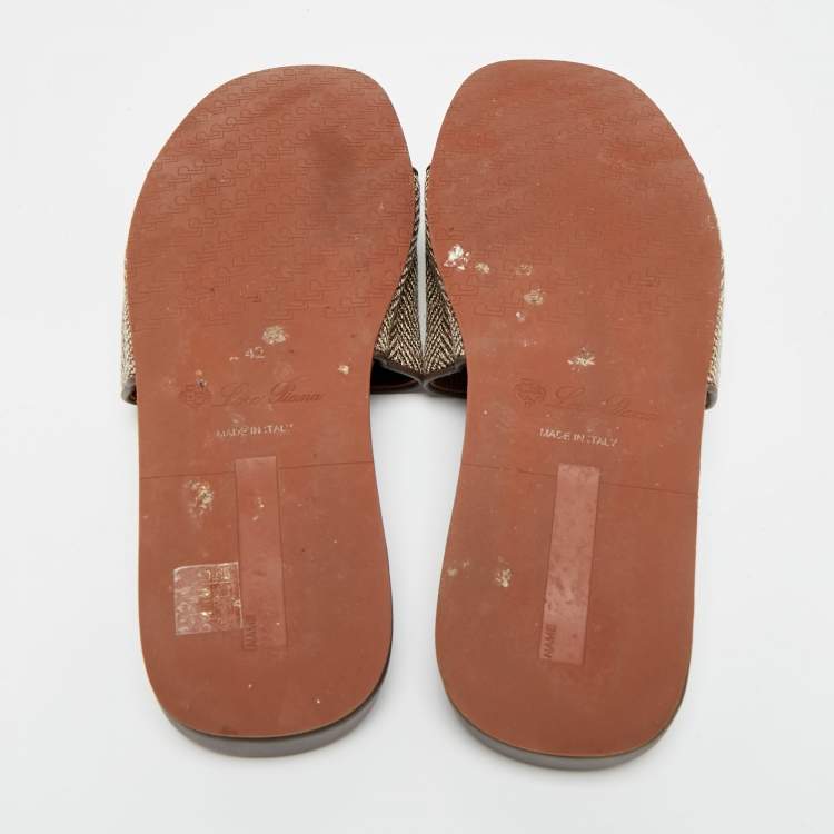 Pre Owned Loro Piana Size 42 Brown Fabric and Leather Flat Slide Sandals