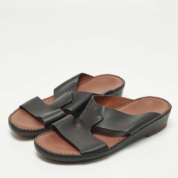 Pre Owned Loro Piana ox Size 44 Black Leather Flat Slide