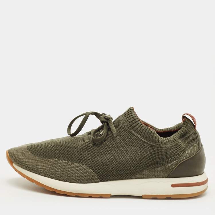Pre Owned Loro Piana 360 LP Flexy Walk Size 43 Olive Green Knit Fabric and Leather Low Top Sneakers