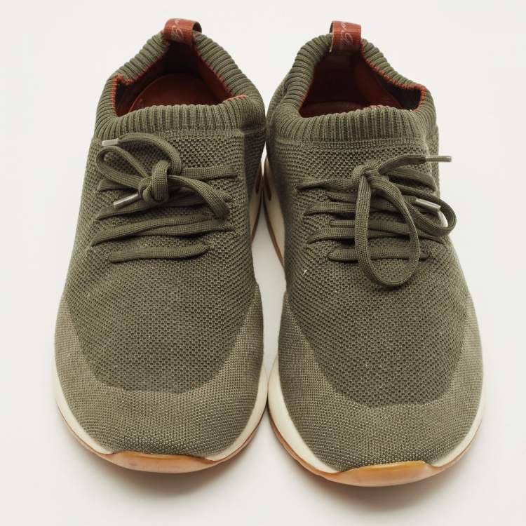 Pre Owned Loro Piana 360 LP Flexy Walk Size 43 Olive Green Knit Fabric and Leather Low Top Sneakers