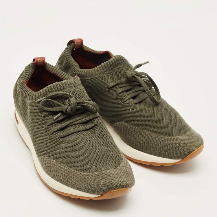 Pre Owned Loro Piana 360 LP Flexy Walk Size 43 Olive Green Knit Fabric and Leather Low Top Sneakers