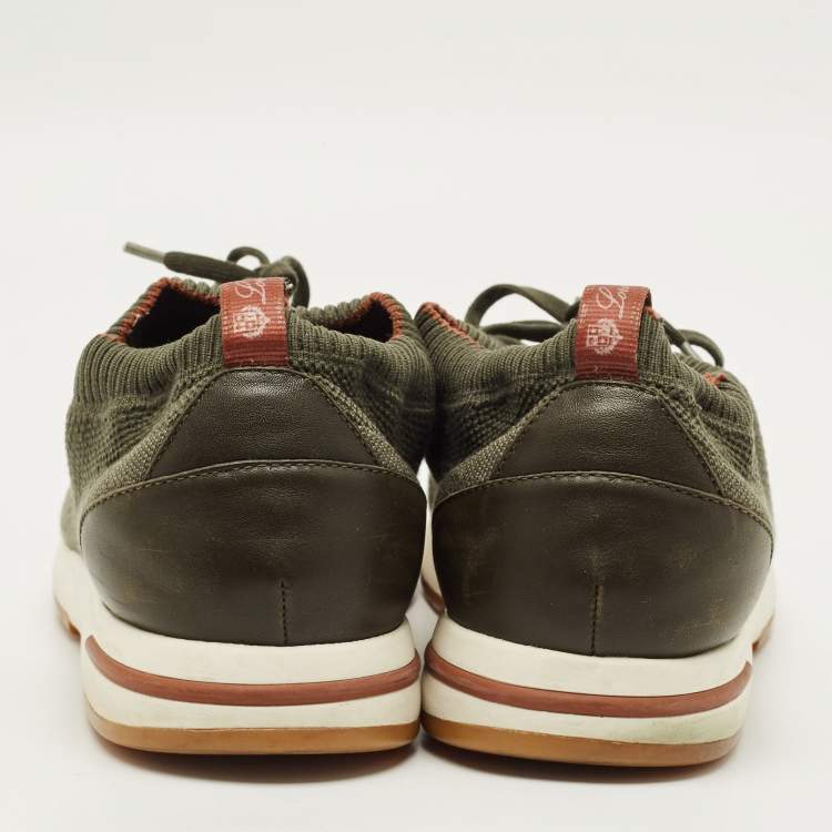 Pre Owned Loro Piana 360 LP Flexy Walk Size 43 Olive Green Knit Fabric and Leather Low Top Sneakers