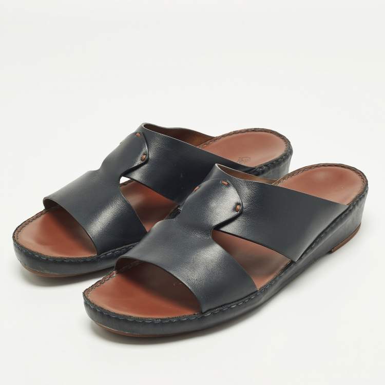 Pre Owned Loro Piana New Buckle Size 45 Black Leather Slide Sandals