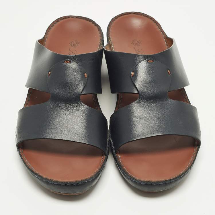 Pre Owned Loro Piana New Buckle Size 45 Black Leather Slide Sandals
