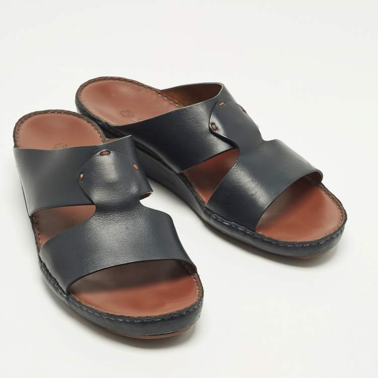 Pre Owned Loro Piana New Buckle Size 45 Black Leather Slide Sandals
