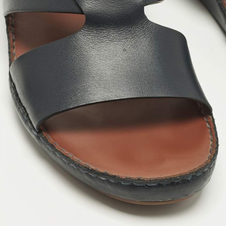 Pre Owned Loro Piana New Buckle Size 45 Black Leather Slide Sandals