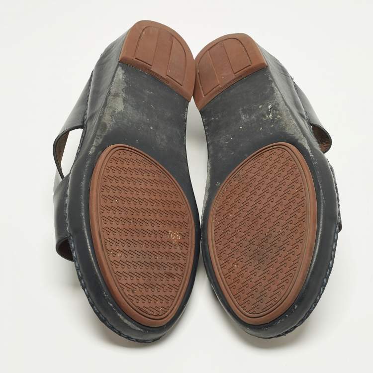 Pre Owned Loro Piana New Buckle Size 45 Black Leather Slide Sandals