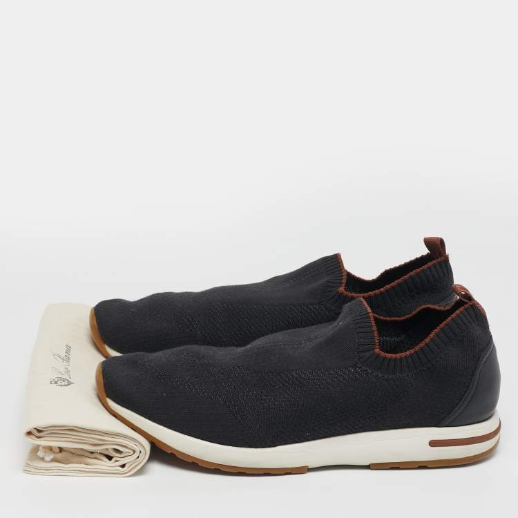 Pre Owned Loro Piana 360 LP Flexy Walk Size 43 Black Knit Fabric and Leather Slip On Sneakers