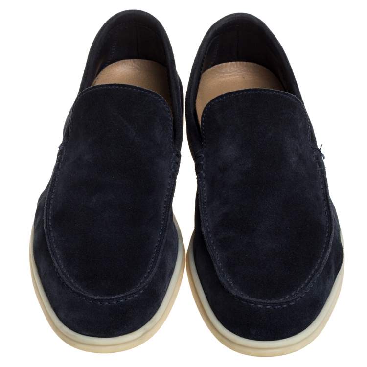 Pre Owned Loro Piana Dark Blue Suede Summer Walk Slip On Loafers Size 42.5