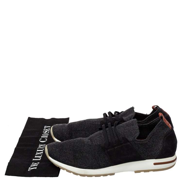 Pre Owned Loro Piana Dark Grey Knit Fabric And Nubuck Slip On Sneakers Size 45