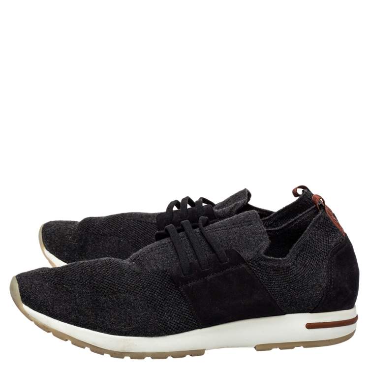 Pre Owned Loro Piana Dark Grey Knit Fabric And Nubuck Slip On Sneakers Size 45